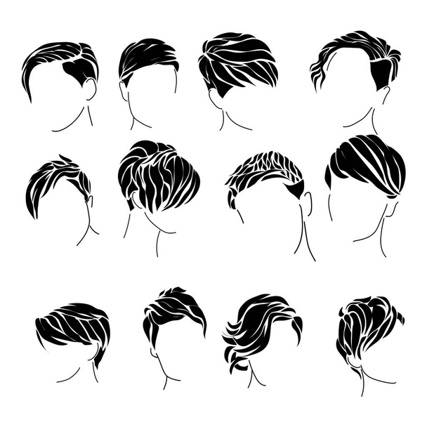 Corte de cabelo pixie feminino conjunto de silhuetas, penteado para cabelos curtos de vários tipos ilustração vetorial - Vetor, Imagem