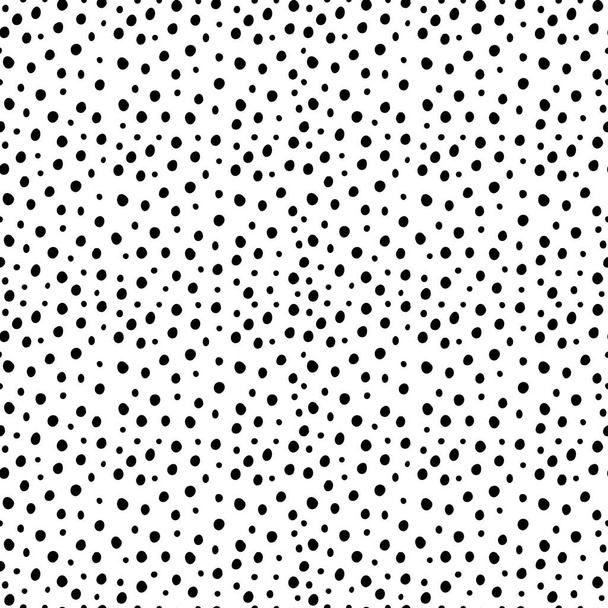 Vector seamless random small black polka dot pattern on white background. Irregular chaotic points. Simple modern decorative hand drawn print for design, textile, wrapping paper, scrapbooking. - Vector, Image