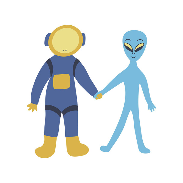 Astronaut a mimozemšťan se drží za ruce a usmívají se. Přátelství civilizací. Barevné vektorové ilustrace ručně kreslené izolované - Vektor, obrázek