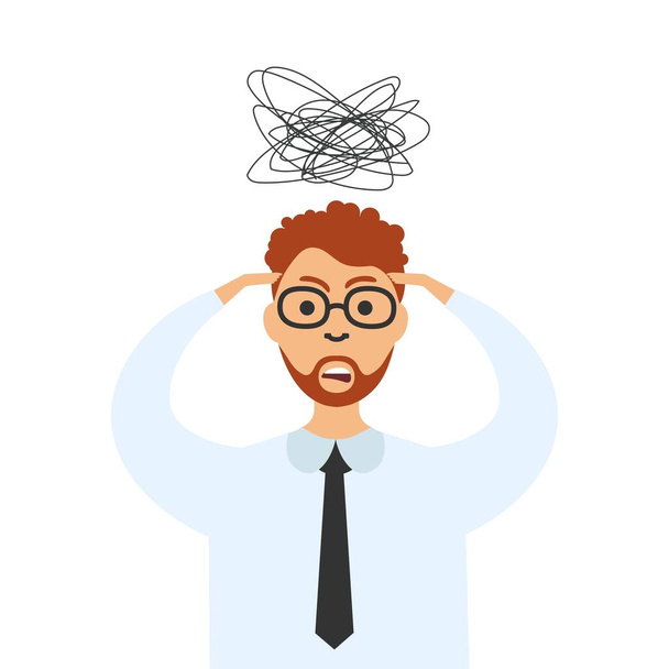Stress at work. Vector stressed businessman with a headache. Tired man holds head having migraine. Worried man. - Vector, Image