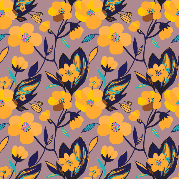 Hand drawn yellow blooming exotic flowers seamless pattern. Botanical floral and leaves background. Vector print, texture on dark pink background. - Vector, Imagen