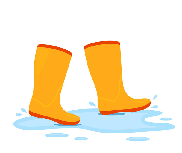 黄色いゴム製のブーツが水を撒いて水たまりの中を歩いています。白い背景に独立したベクトル図 - ベクター画像