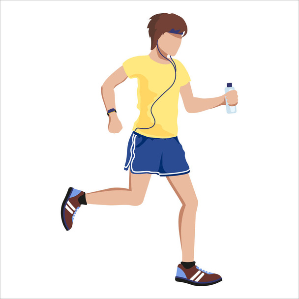 Young man in sportswear, headphones and a bottle of water runs. Illustration for sports and healthy lifestyle. Vector illustration isolated on white background. - Vector, Image