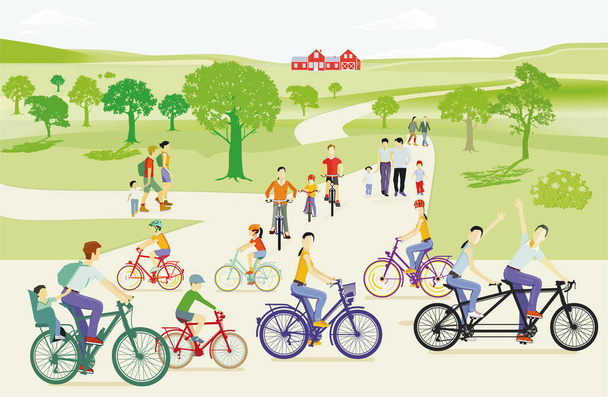 Family excursion by bike, in nature - Vector, Imagen