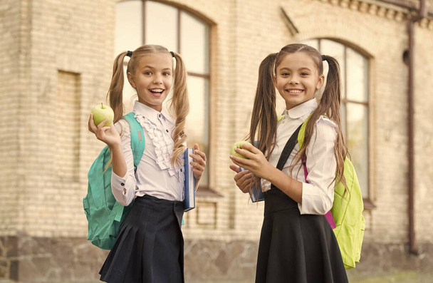 Students girls classmates with backpacks having school lunch, breakfast food concept - Photo, image