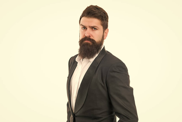 Facial hair and grooming. Fashion model with long beard and mustache. Business people fashion style. Menswear and fashion concept. Office worker. Man handsome bearded businessman wear formal suit - Photo, Image