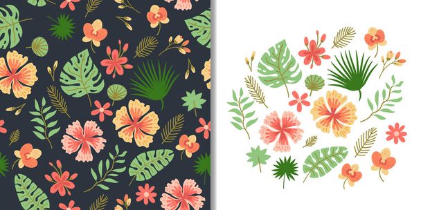 シームレスなパターンとかわいい熱帯の花の要素を持つ花のセット、ベクトルデザイン - ベクター画像