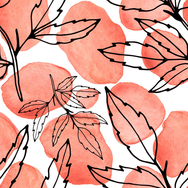 Creative seamless pattern with line art flowers and leaves on watercolor stains. Trendy abstract modern vintage print. - Photo, Image