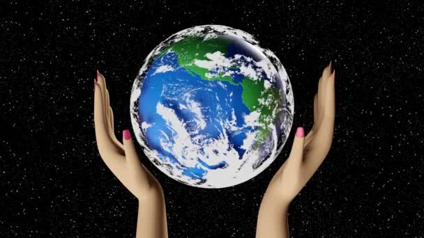woman hands holding planet earth with space background. 3d render animation - Footage, Video
