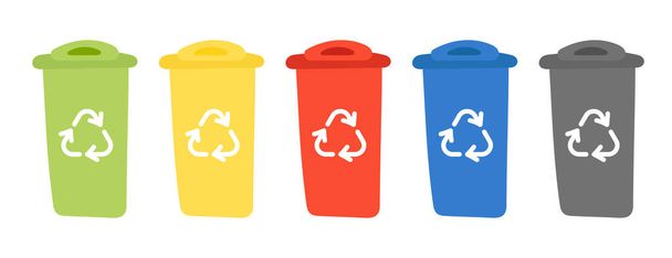 Papierkörbe mit Recycling-Symbol. Container für die Mülltrennung - Kunststoff, Glas, Metall, Papier, Biomüll. Handgezeichnete flache Vektordarstellung isoliert auf weißem Hintergrund. - Vektor, Bild