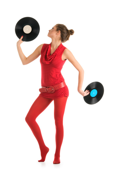 Young woman with vinyl records isolated in white - Foto, afbeelding