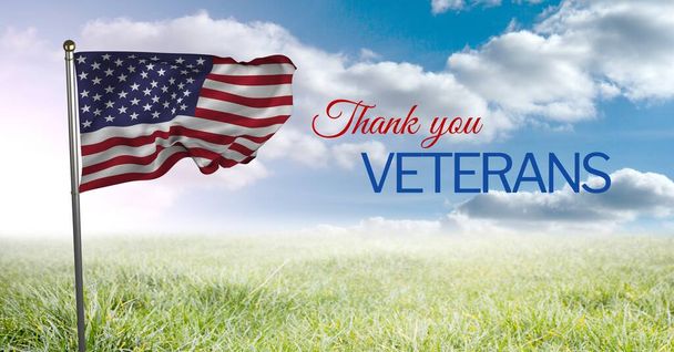 Composition of veterans day text and american flag over blue sky. patriotism and celebration concept digitally generated image. - Фото, изображение