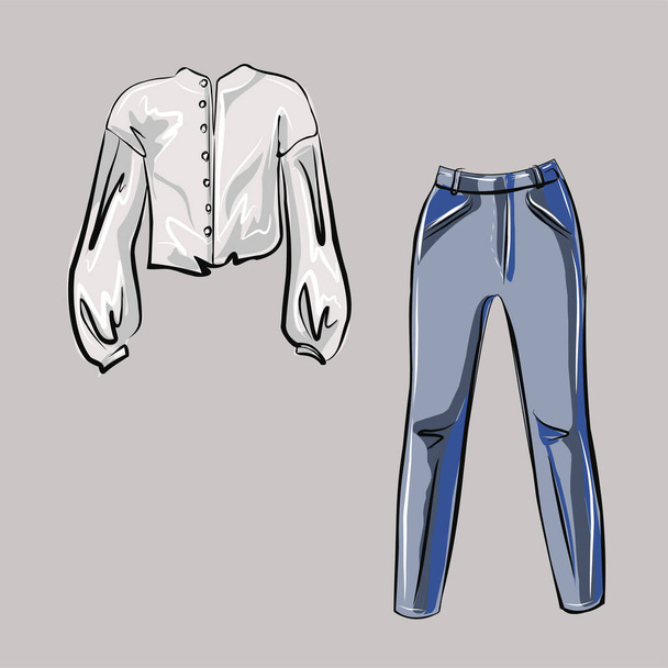 Blouse and trousers, jeans. Part of a basic wardrobe set. Clothing store, fashion. Isolated vector objects. - Vektori, kuva