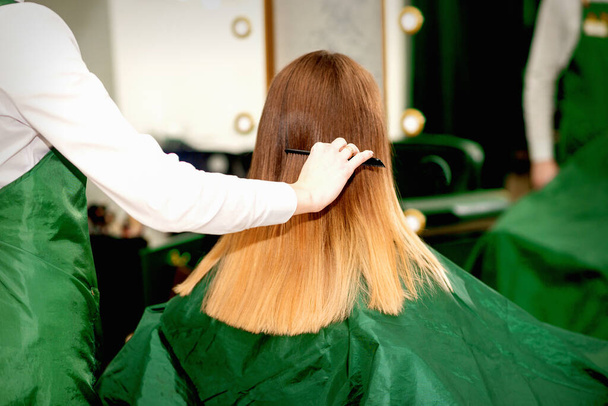 Powrót widok kobieta fryzjer czesanie długie włosy młody blond klient w salon piękności - Zdjęcie, obraz