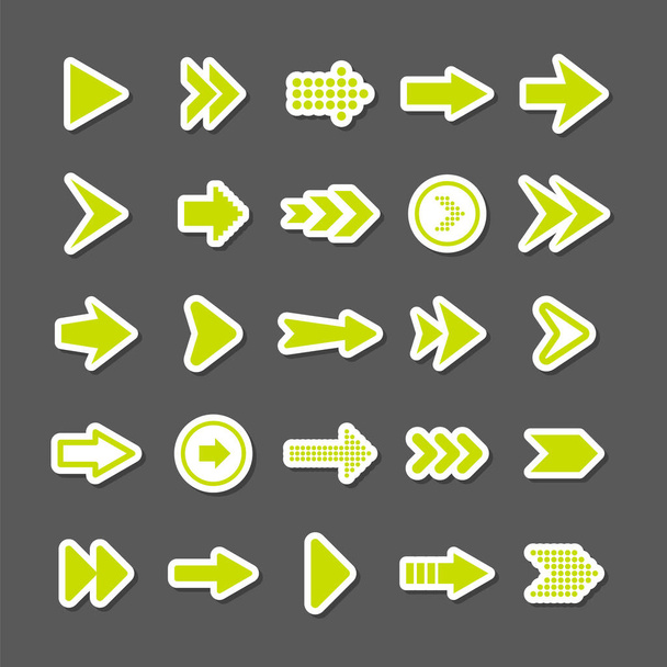 Autocollants flèches colorées ensemble. Icônes de curseur vert, collection de pointeurs. Flèches simples dans différentes formes. Ensuite, les panneaux arrière. Illustration vectorielle. - Vecteur, image
