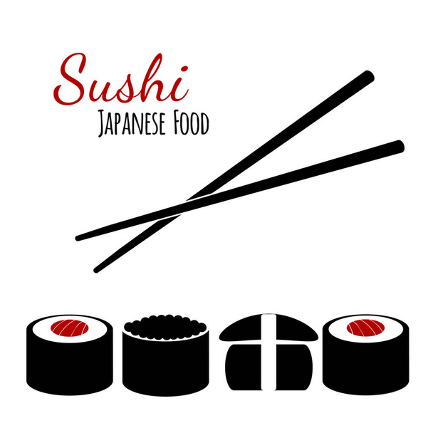 Icone di sushi, unagi e tobiko con bacchette isolate su bianco. Modello logo vettoriale per cibo giapponese o emblema ristorante asiatico - Vettoriali, immagini