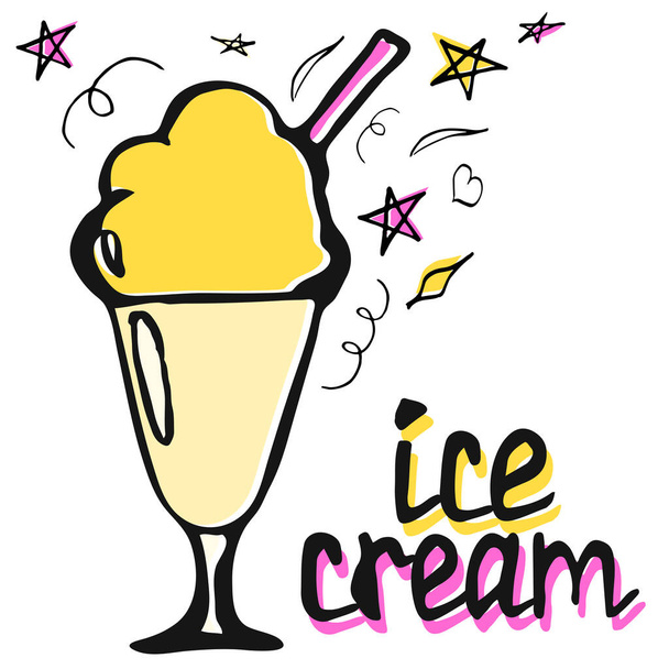 Elemento de logotipo desenhado à mão vetorial para sorveteria ou barra com sinal de texto isolado no fundo branco - Vetor, Imagem