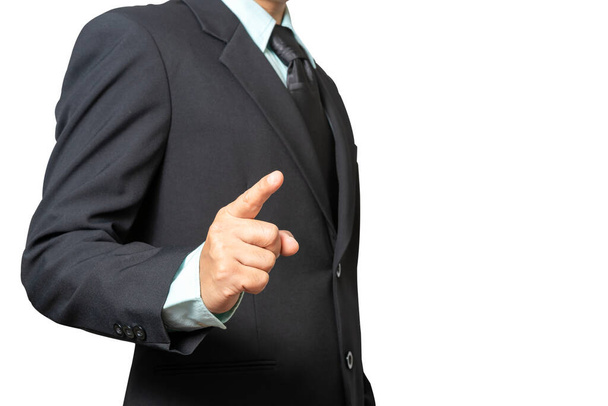 Ritratto uomo d'affari che indossa un dito a punta tuta in avanti isolato su sfondo bianco con percorso di ritaglio (selezionare messa a fuoco a dito) - Foto, immagini