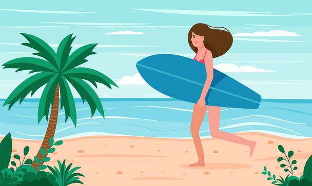 Chica divertida de fondo de playa de verano con tablas de surf en la playa. EPS 10 - Vector, imagen