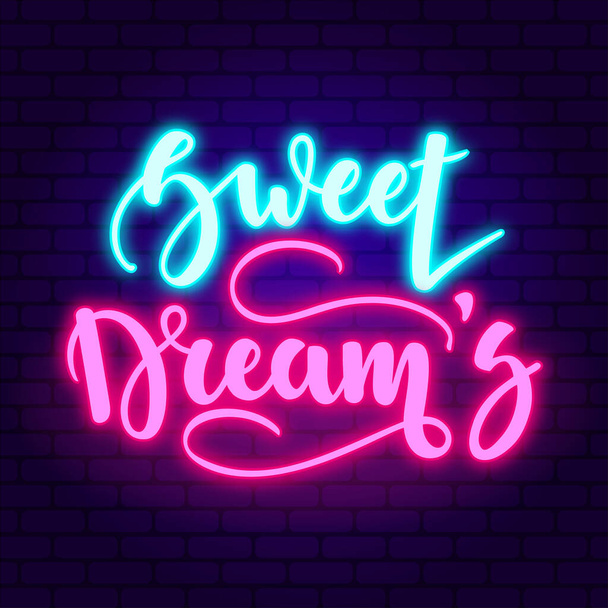 Sweet dreams. Glowing pink neon incription on dark brick wall background. - Φωτογραφία, εικόνα