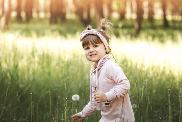Little girl with white dandelion in the park in the summer - Photo, image