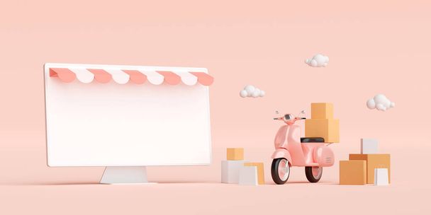 Concepto de comercio electrónico, Servicio de compras y entrega en línea, Transporte o entrega de alimentos por scooter, ilustración 3d - Foto, imagen