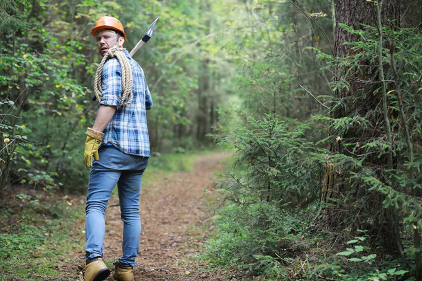 Mies metsuri metsässä. Ammattimainen puunhakkaaja tarkastaa puut hakkuita varten. - Valokuva, kuva