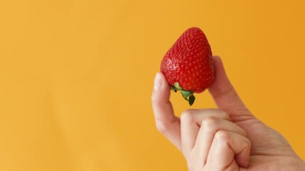 Frische Bio-Erdbeere in Frauenhand vor gelbem Hintergrund. Gesunde Ernährung und Lebensstil-Konzept - Filmmaterial, Video