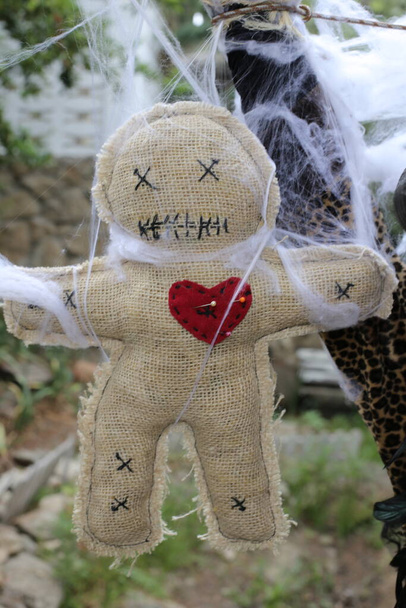 close-up shot van voodoo pop bedekt met spinnenweb - Foto, afbeelding