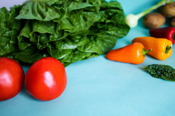 Ensemble de différents légumes frais sur fond bleu. Aliments sains - Photo, image