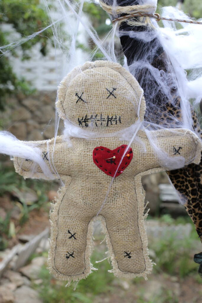 крупным планом куклы вуду, покрытой паутиной - Фото, изображение