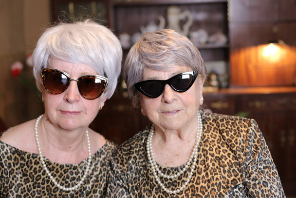 portrét dvou dospělých žen ve stylových šatech s příslušenstvím doma - Fotografie, Obrázek