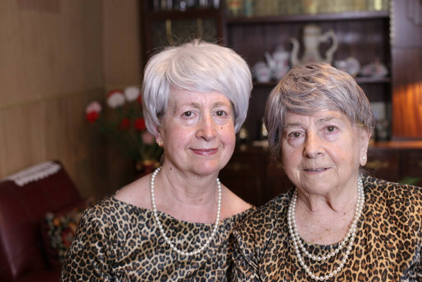 portrait of two mature women in stylish dresses with accessories at home - Photo, Image