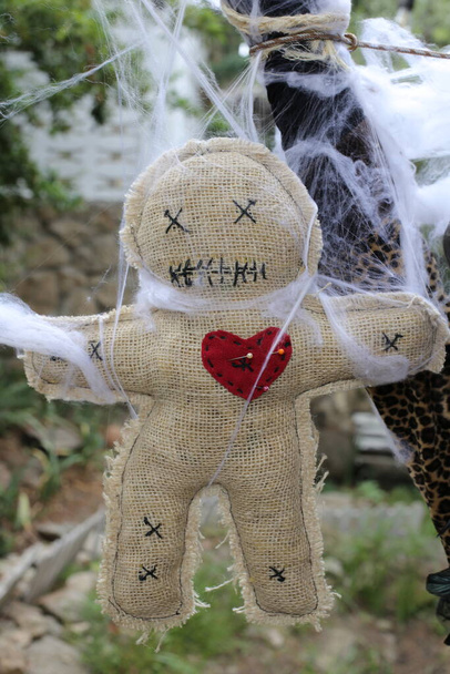 close-up shot of voodoo doll covered with spider web - Photo, Image
