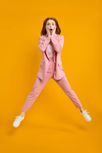 Full length body size view of nice wondered business lady jumping omg expression - Fotografie, Obrázek