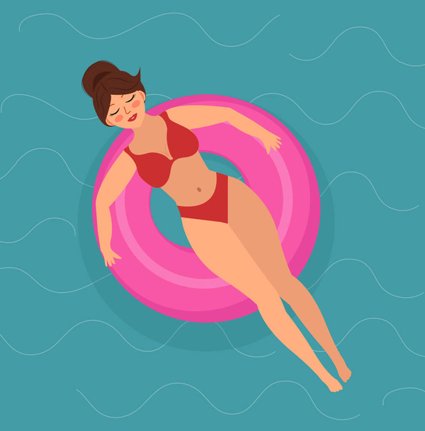 Olá menina de verão em um anel de natação nada no mar ou piscina. Ilustração de férias de verão. Vetor - Vetor, Imagem