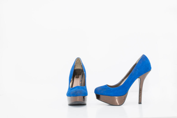 Stylish blue high heel female shoes isolated on white background - Fotoğraf, Görsel
