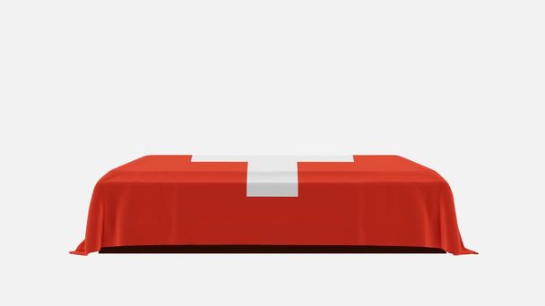 Vista lateral de un ataúd sobre fondo blanco cubierto con la bandera de Suiza - Foto, imagen