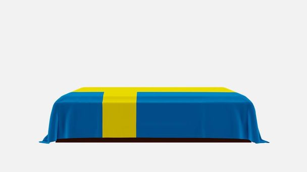 Vista laterale di una bara su sfondo bianco coperta dalla Bandiera di Svezia - Foto, immagini