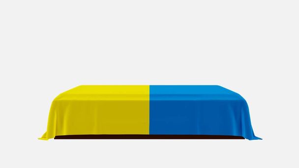 Vista lateral de um caixão em um fundo branco coberto com a bandeira do país da Ucrânia - Foto, Imagem