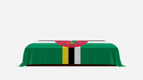 Боковой вид на гроб на белом фоне, покрытый флагом Доминики - Фото, изображение