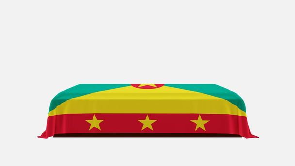 Side View of a Casket on a White Background covered with the Country Flag of Grenada - Photo, Image
