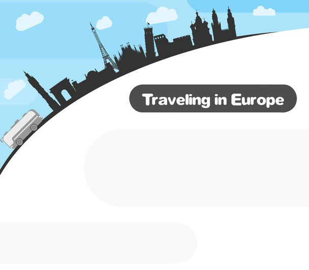 Reisen Sie durch Europa mit dem Bus zu den Sehenswürdigkeiten. Flachbild-Image - Vektor, Bild