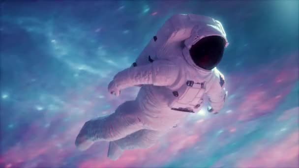 Astronaut ve smyčce tunelu vesmírného víru 3D animace. Neonový prostor retrowave pozadí - Záběry, video
