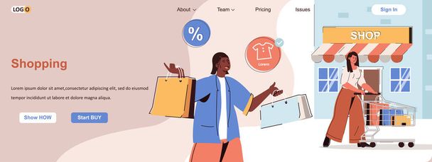 Shopping web concept. Buyers make purchases in stores, buying clothes on sale scene. Banner template with flat line characters design. Vector illustration for social media promotional materials - Vector, Image