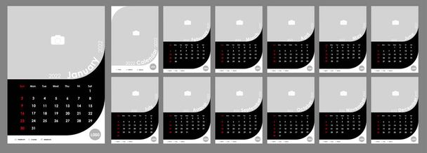 Wall Monthly Photo Calendar 2022. Simple calendario de fotos vertical mensual Diseño para 2022 año en Inglés. Calendario de portada, 12 plantillas de meses. La semana comienza el domingo. Ilustración vectorial - Vector, Imagen