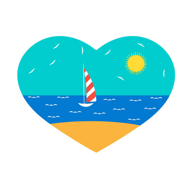 Liefde voor de zee. Ik hou van de zee met meeuwen, golven en een jacht. Vector illustratie in de vorm van een hart op een witte achtergrond. Zomericoon in de vorm van een hart . - Vector, afbeelding