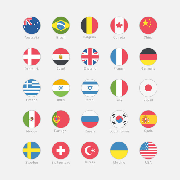 Joukko Round Flags maailman vektori kuvakkeet. Suosituimmat maan liput tasainen tyyli maan nimiä. USA, Kanada, Kiina, Englanti, Intia, Saksa, Ranska, Espanja Vektori kuvitus EPS 10 - Vektori, kuva
