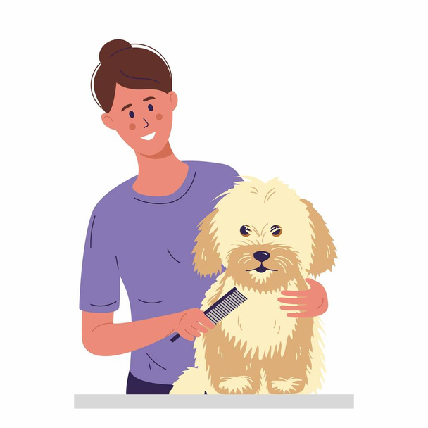 Una joven está peinando a un perrito con piel larga. Cuidar el aseo de mascotas. Ilustración vectorial en estilo plano. - Vector, Imagen