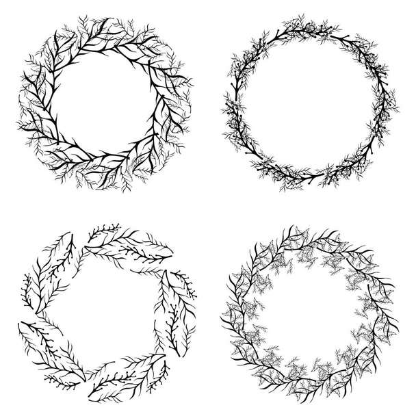 Handgetekende vector zwart bloemige rustieke cirkel kransen met plant bladeren en takken op witte achtergrond - Vector, afbeelding